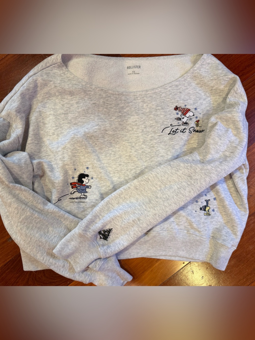 Hollister Light Gray Crewneck Sweater with Embroidered Snoopy Characters